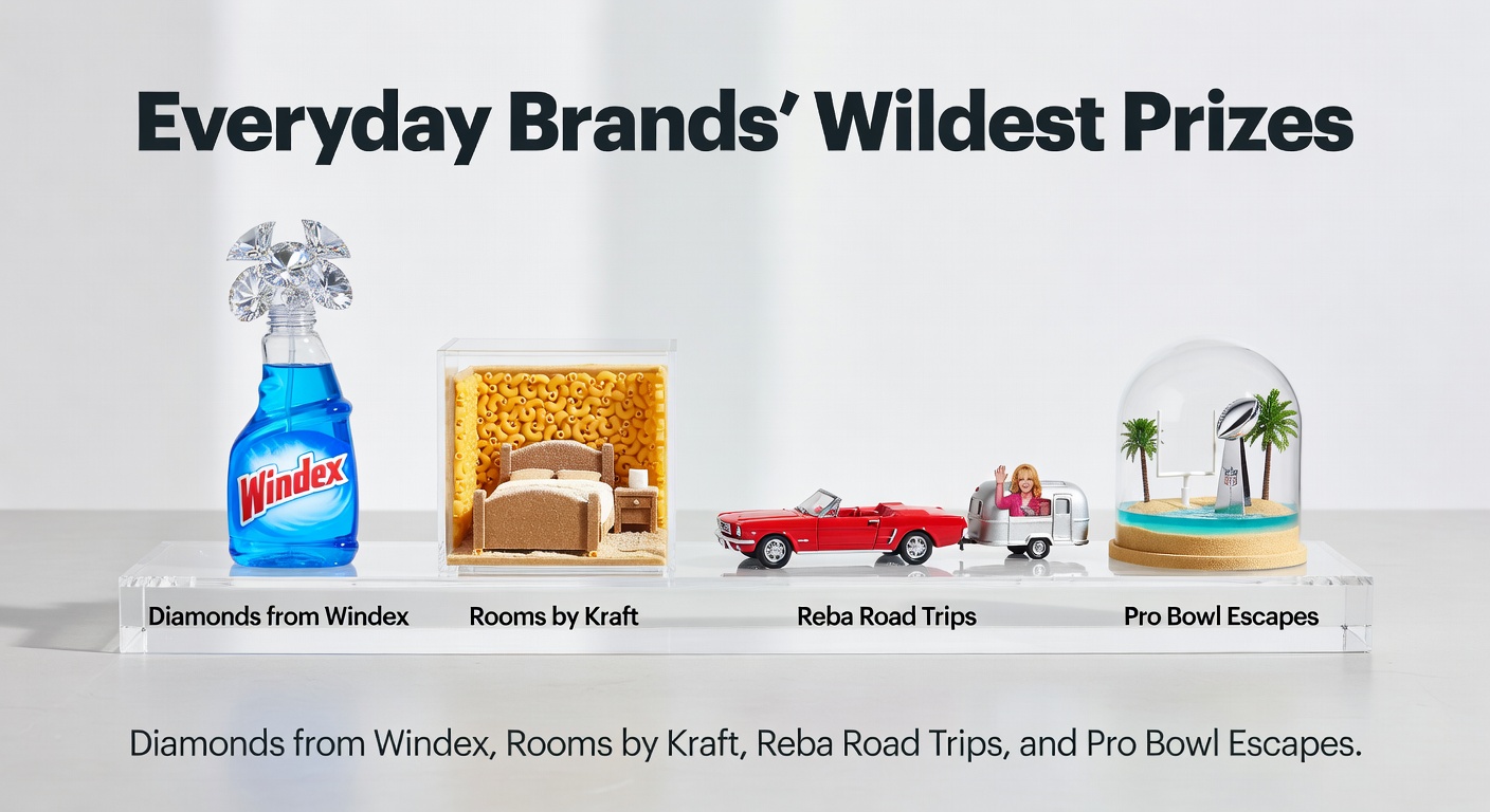 Collage of Windex bottle sparkling like diamonds, cozy Kraft-transformed room, Reba McEntire on a road trip adventure, and NFL Pro Bowl stadium lights