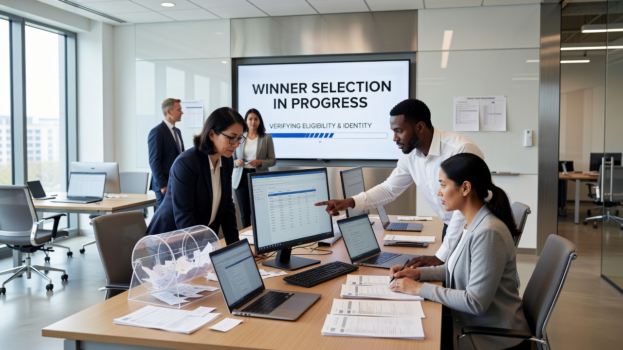 Illustration showing the sweepstakes entry processing and random selection workflow used by companies