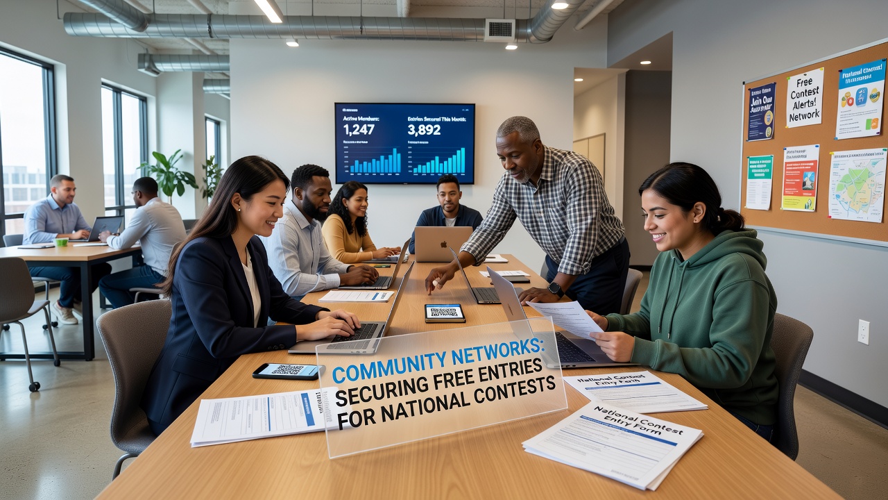 Group of people collaborating on laptops in a community center to submit contest entries together