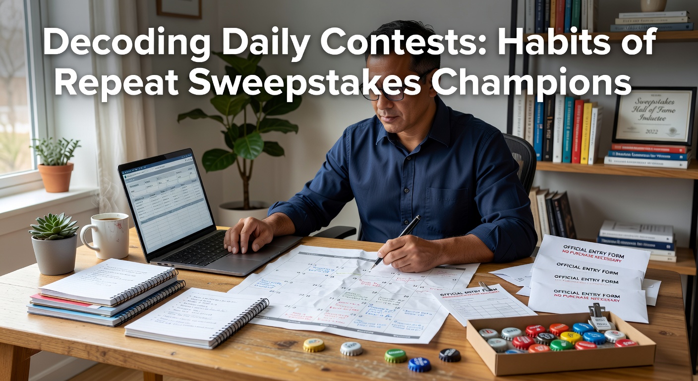 A calendar marked with daily sweepstakes entries and a winner's trophy highlighting routines of repeat champions