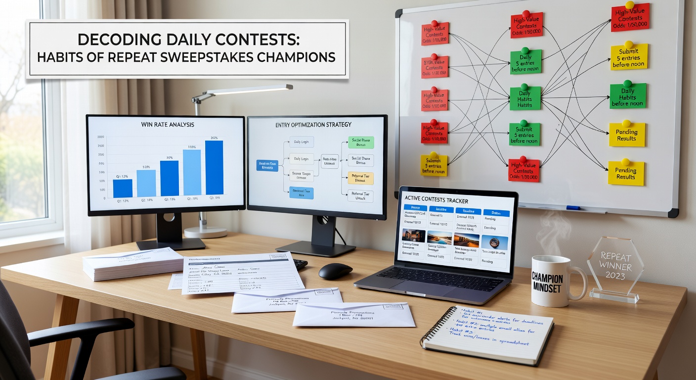Spreadsheet on a laptop screen showing tracked daily sweepstakes entries, prizes won, and organized winner habits