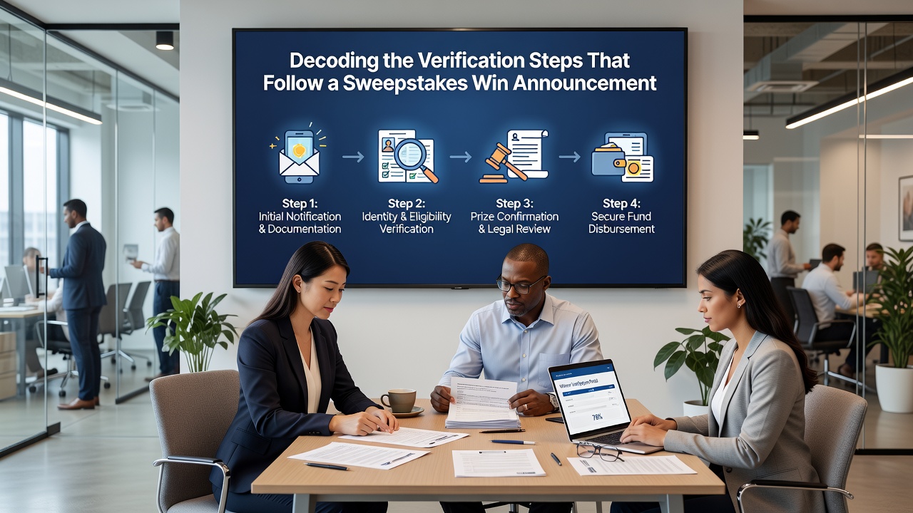 Official verification letter and checklist for sweepstakes prize claim process displayed on a table