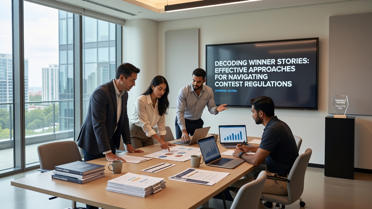 Entrant reviewing printed contest rules and winner announcement emails at a workspace