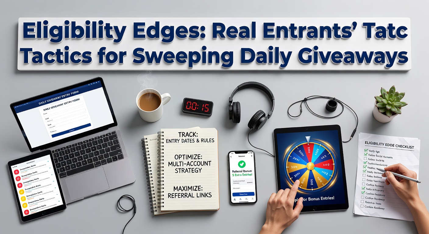 A calendar marked with daily giveaway entry reminders, highlighting eligibility checkboxes and winner notifications