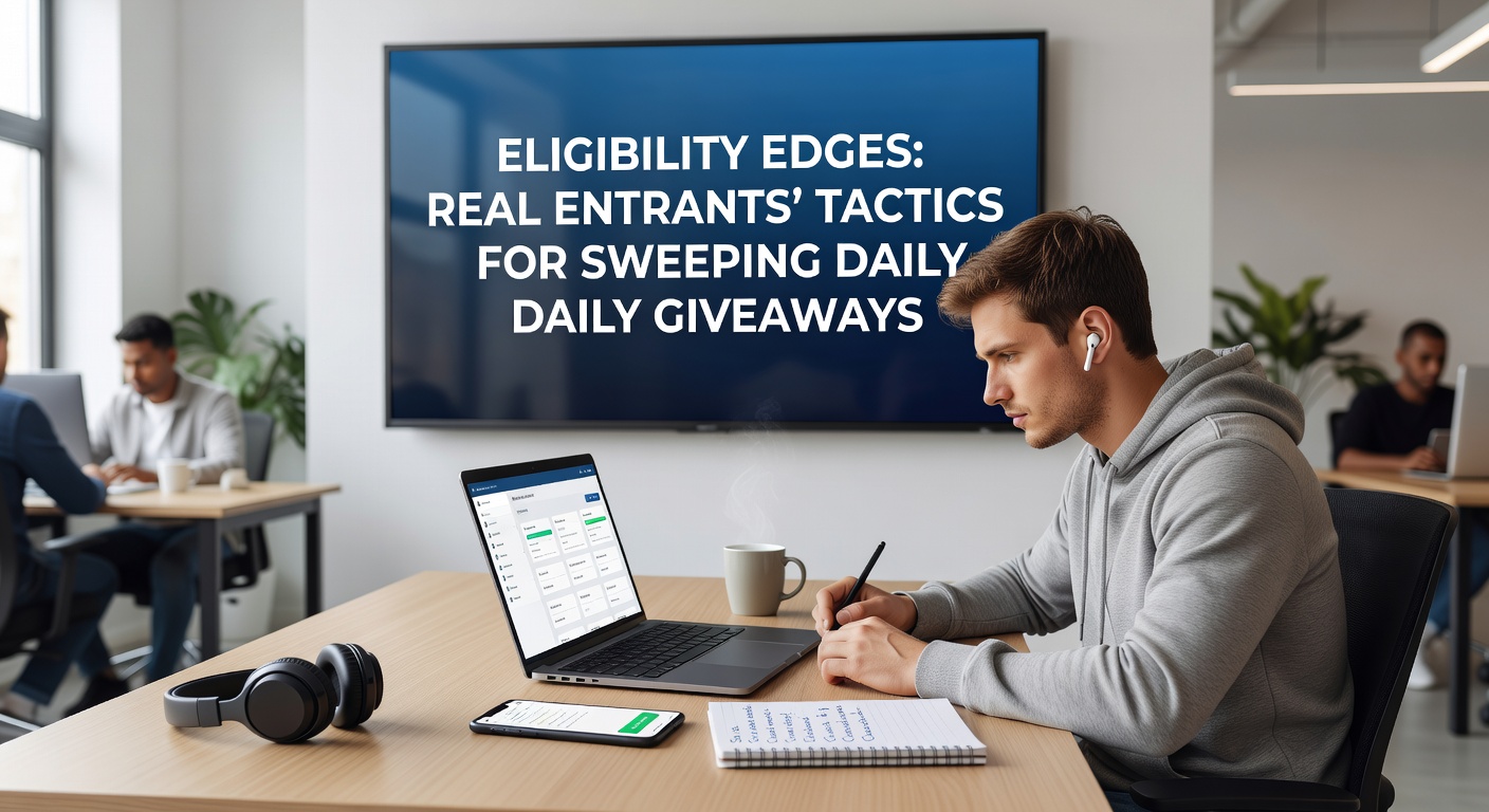 Close-up of sweepstakes rules fine print with highlighted eligibility sections, entry forms, and a checklist of winner tactics