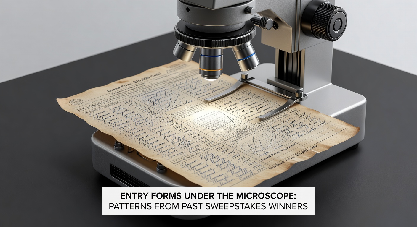 Infographic displaying charts and graphs of common entry form patterns from sweepstakes winners, including pie charts for field completion rates and bar graphs for verification success