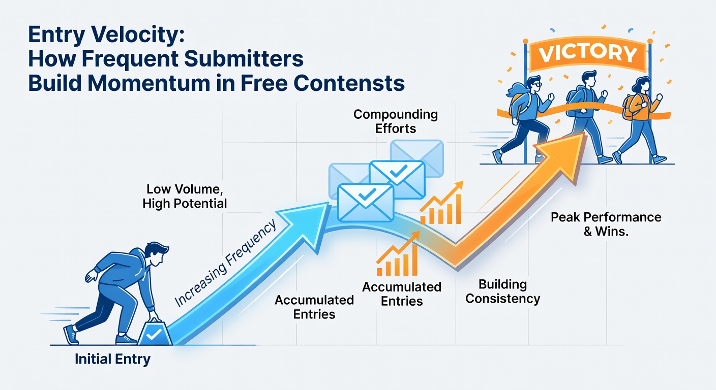 Infographic depicting a timeline of entries leading to multiple wins for a frequent sweepstakes submitter, with icons for prizes like cash, trips, and gadgets
