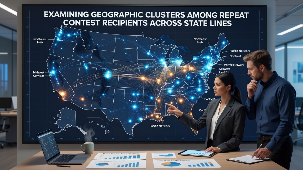 Map showing geographic clusters of repeat contest winners across multiple US states with highlighted regions
