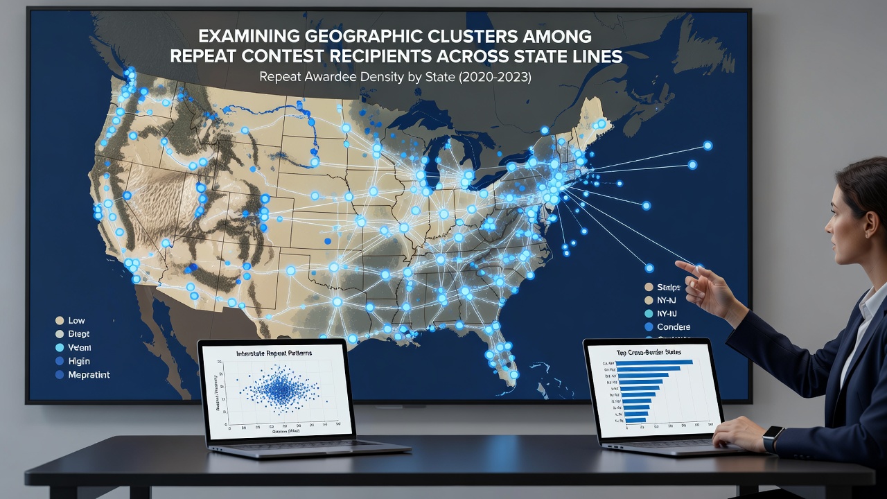 Detailed infographic of interstate winner clusters with statistical overlays and demographic data points