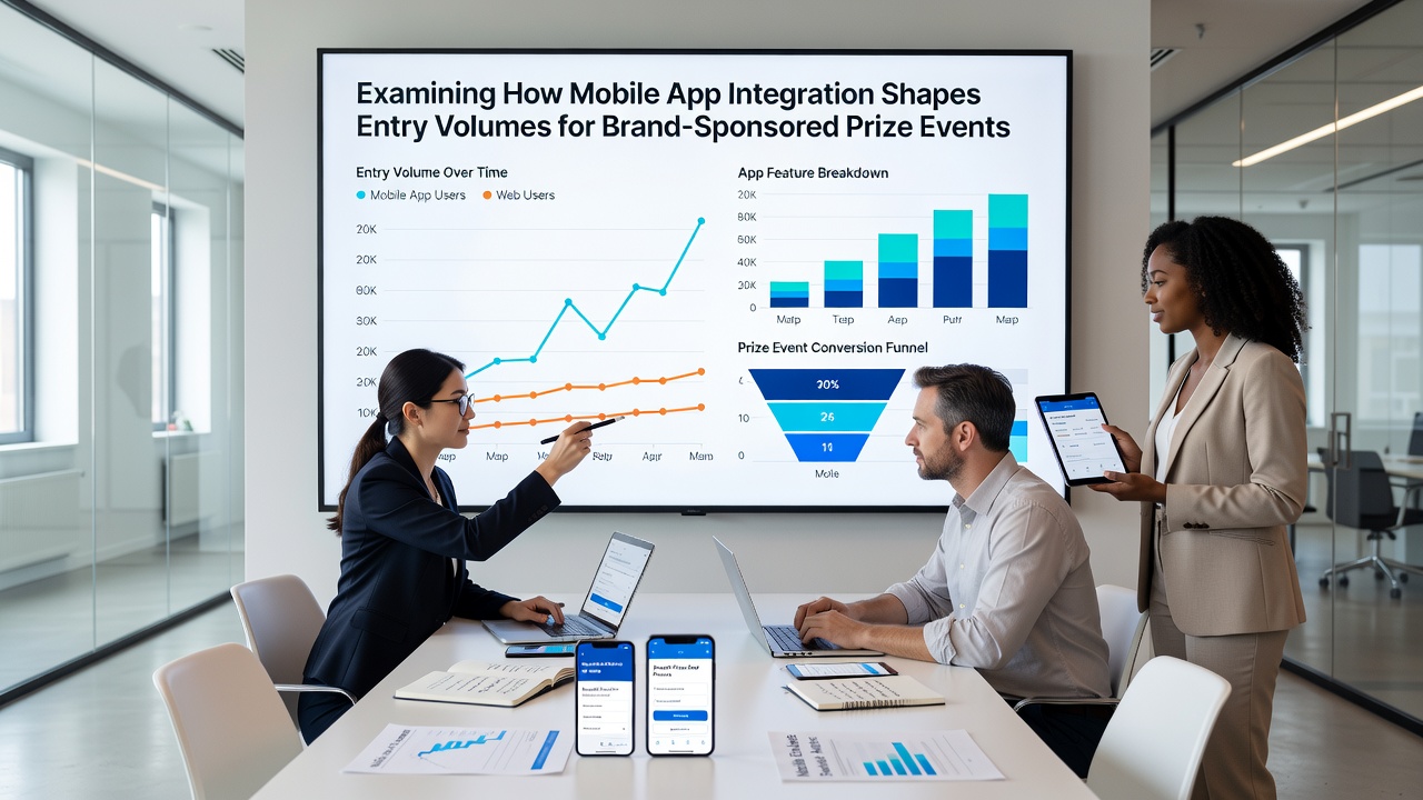 Analytics dashboard showing entry volume trends over time for a brand prize event with mobile app data highlighted