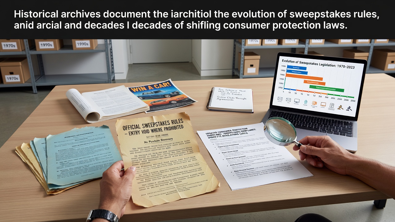 Historical documents and legal records from mid-20th century sweepstakes stored in archival boxes