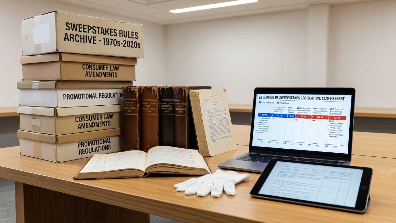 Digitized legal archives showing timeline of sweepstakes rule changes from the 1990s to present