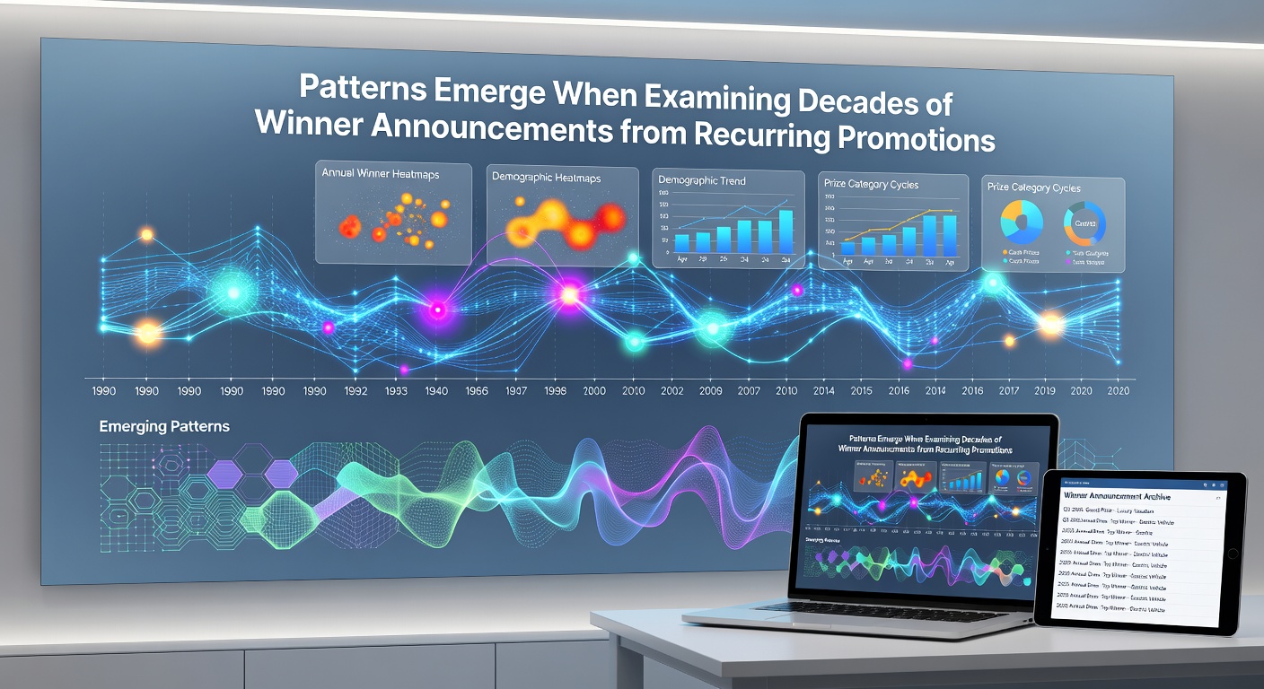 Timeline graphic illustrating winner announcement patterns from recurring promotions between 2000 and 2025