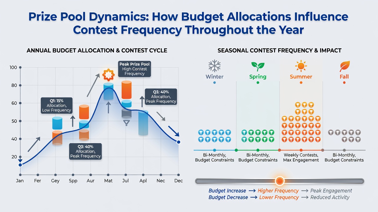 Timeline graphic showing contest frequency peaks and budget release points across a calendar year
