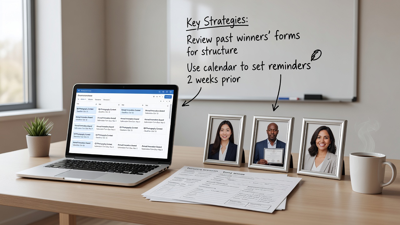 Contest calendar examples and entry form templates used by winners