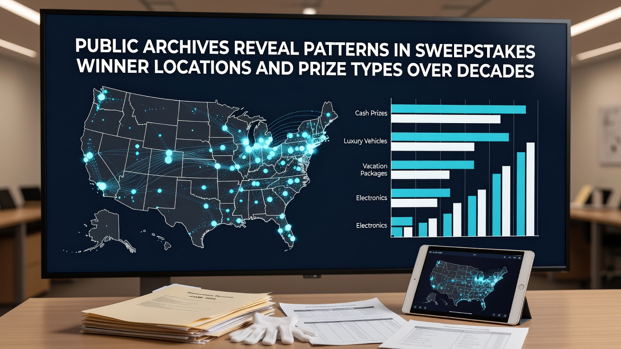 Public records and archived winner lists spread across a research table showing maps and prize data from multiple decades