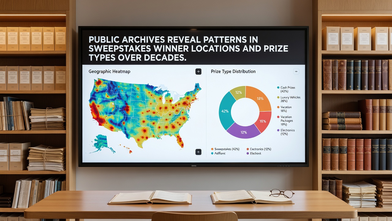 Detailed charts and graphs from historical sweepstakes records illustrating winner locations and changing prize categories across multiple decades