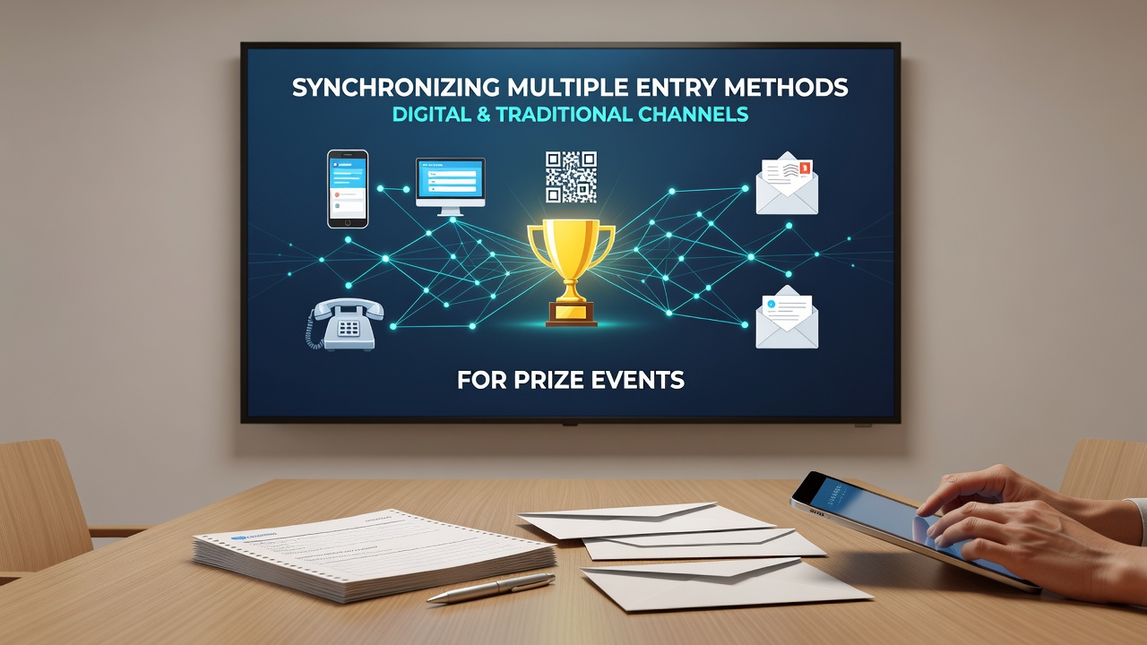 Diagram illustrating synchronized entry methods combining online forms with traditional mail submissions for prize events
