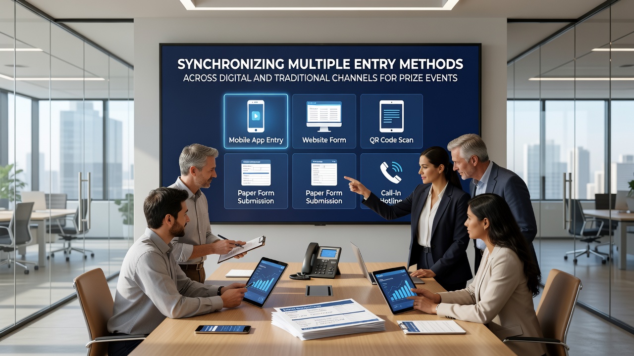 Photo of staff members processing both digital uploads and mailed entry forms at a centralized prize event operations center