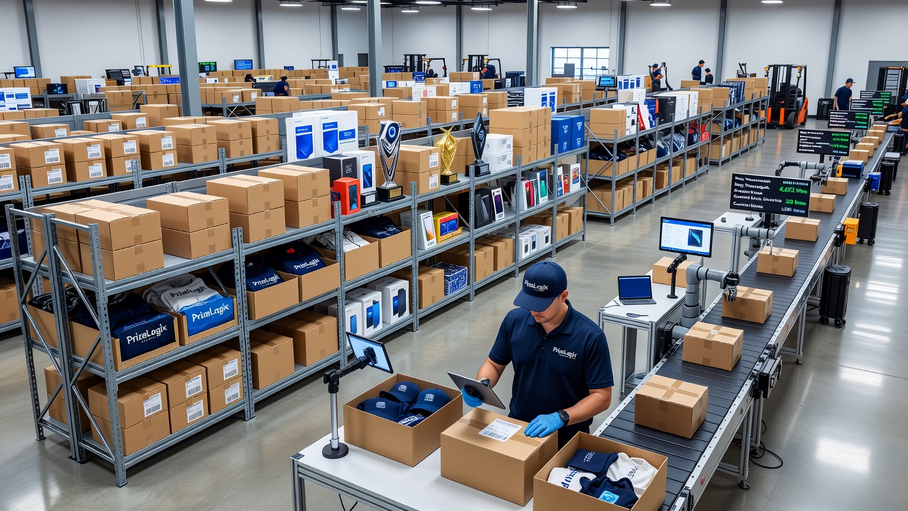 Automated conveyor belts and scanning equipment moving packaged contest prizes through a fulfillment center sorting area