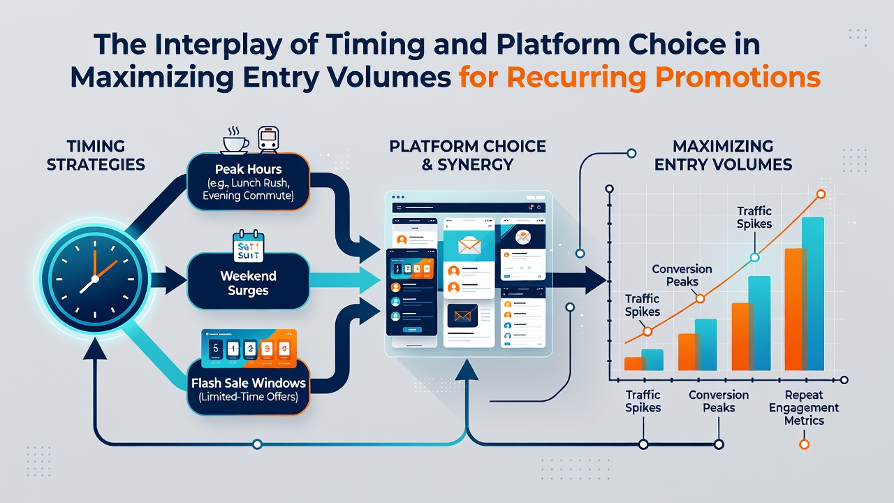 Comparison graphic showing entry volume differences between social media, email, and web platforms during peak promotion periods