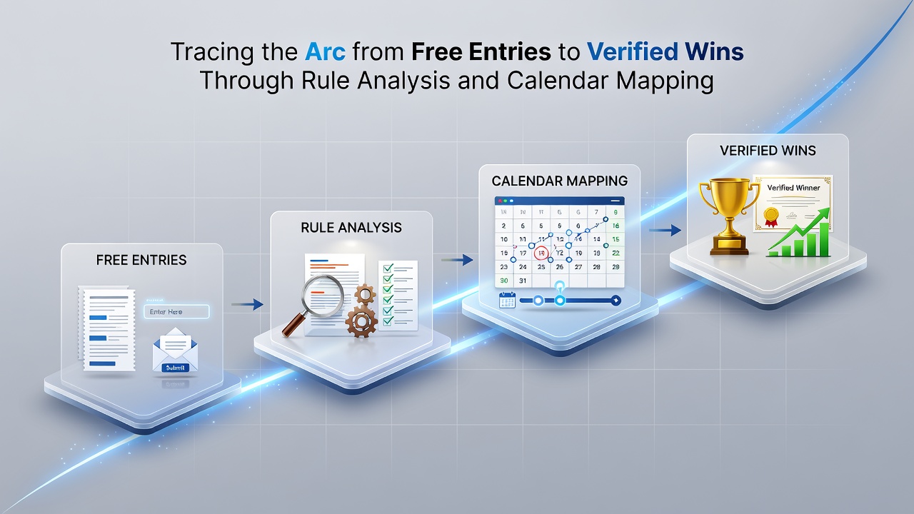 Detailed calendar mapping board showing sweepstakes deadlines, rule notes, and verification checkpoints for June 2026 contests