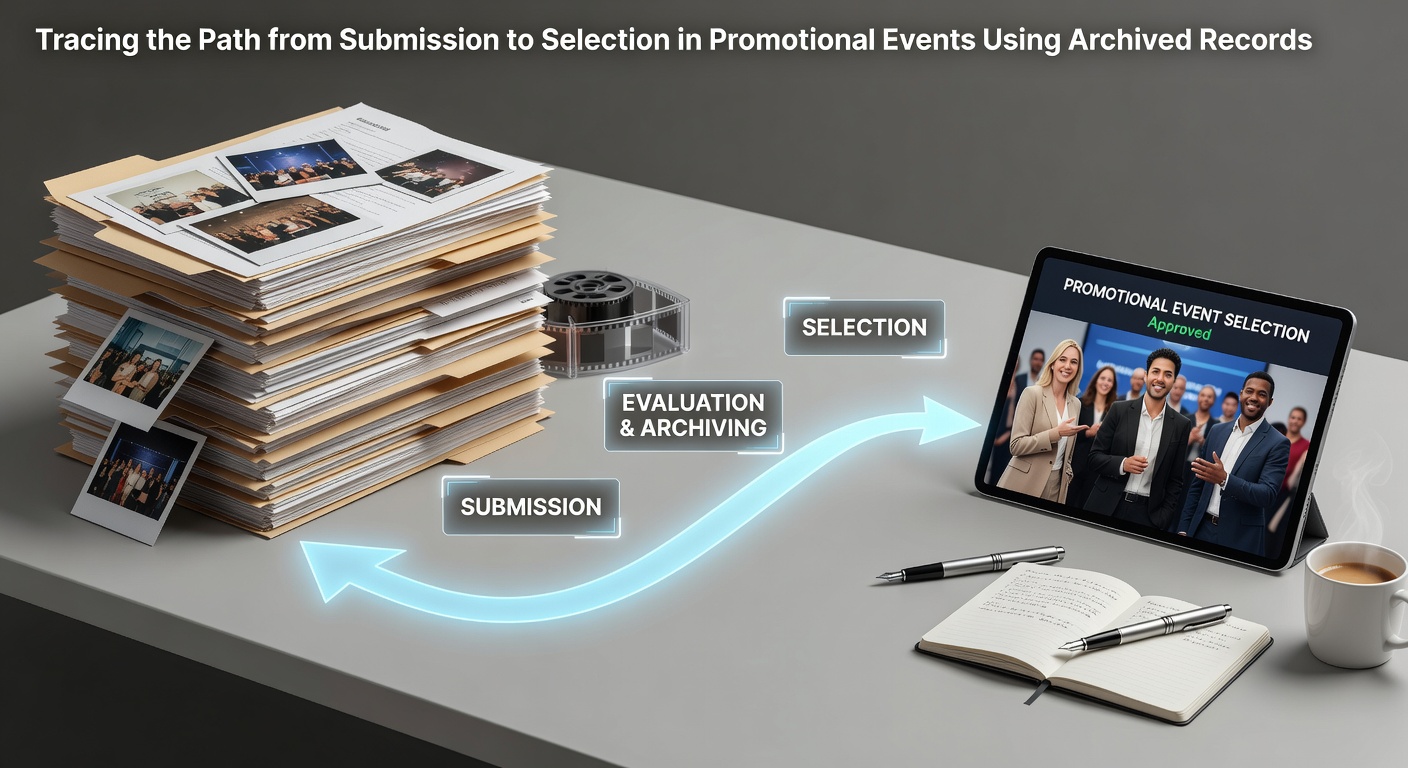 Archival records and entry forms stacked in an organized filing system for promotional events